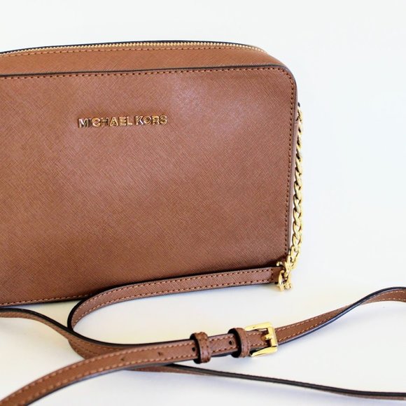 Michael Kors Brown/Tan Jet Set Large Saffiano Leather Crossbody Bag - Picture 2 of 12